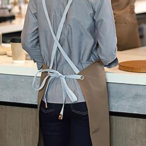 Jeansschürze mit individuellem Logodruck, ideal für Nagelstudios, Bäckereien, Cafés, Teestuben und Friseursalons wasserdichte Damen-Arbeitskleidung aus Canvas, hellbraun. (1/5)