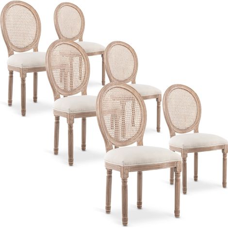 Lot de 6 chaises médaillon Louis XVI Cannage Rotin tissu Beige