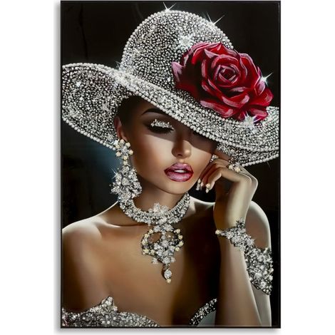 Orléans - Impression Sur Toile Laquée - Peinture Glamour Représentant Une Femme Et Des Bijoux - Style Moderne - 102 X 4,5 X 152 Cm - Bois De Sapin