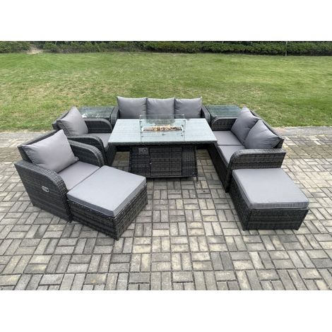 Fimous Polyrattan Gartenmöbelset Gasfeuerstelle Esstisch und Sofa Sessel set mit 2 Beistelltischen 2 hohen Hockern (1/5)
