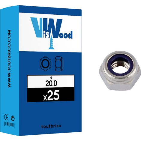 Écrous de sécurité hexagonaux autofreinés polyamide acier zingué blanc. diamètre 20 boîte de 25 pièces - VISWOOD