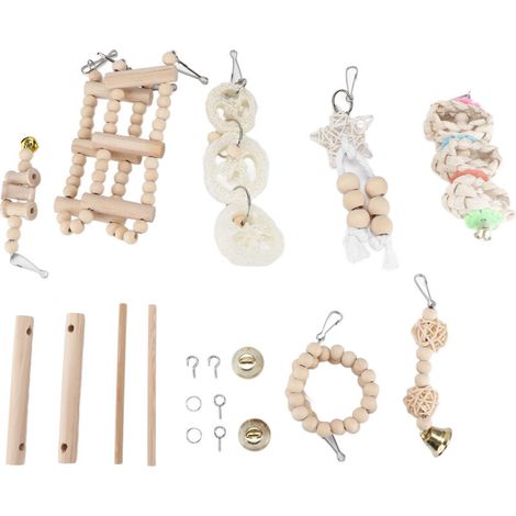8 Pièces Jouets pour Perroquets en Bois Balançoire Jouet à Mâcher Cage Oiseaux Nid Jouets Suspendus Échelles Spirales Perchoirs Verticaux