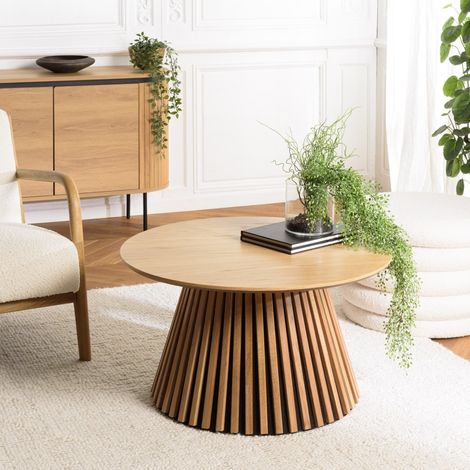 SYA - Table basse ronde D80 décor et chêne naturel pied à motif strié (1/5)