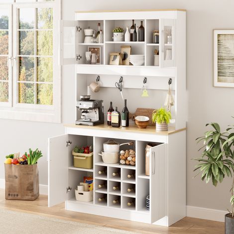 Buffet de cuisine avec vaisselier 175 cm, armoire de cuisine à portes vitrées, casier à bouteilles et patère, grand placard de rangement pour vaisselle, meuble de cuisine pour cuisine, salle à manger (1/5)