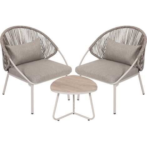 Avestar 3-tlg. Bistro Set, Balkontisch mit Holzmaser-Optik und 2 Rattanstühlen mit Kissen, Graubraun und Weiß