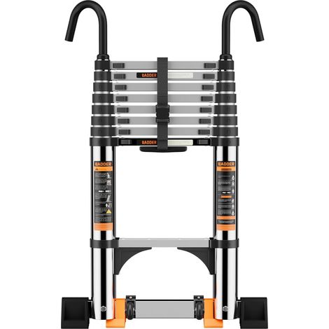 Échelle télescopique de 3,2 m en acier inoxydable épais, escabeau avec barre stabilisatrice et crochets amovibles, échelle pliable multi-usage, extensible et portable (2,6 m) (1/5)