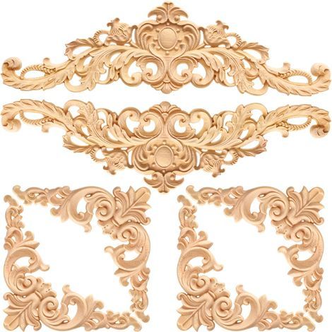 Moulure Decorative Bois 6 Pièces Décoratifs en Bois Longs Sculptés Coin Applique Onlay Appliques (1/5)