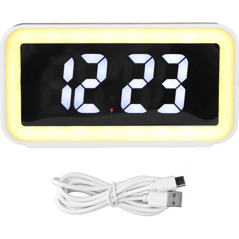 Réveil numérique rectangulaire avec écran LED, chargement sans fil et USB inversé pour chambre, blanc (1/5)