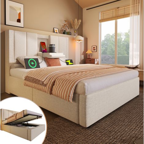 Polsterbett Leinen Beige 90x200 cm mit Stauraum, Ladestation, Becherhalter und Lattenrost (1/5)