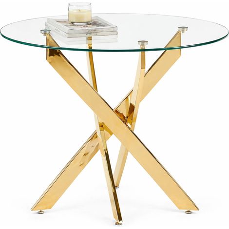 Runde Esstisch aus Glas und Metall mit Gehärtetem Glasplatten, Gekreuzte Metallbeine - 80×80×75 cm, Gold (1/5)