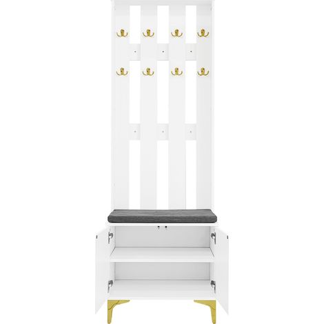 Set da ingresso con panca portascarpe e cuscino, appendiabiti con ganci, bianco (1/5)