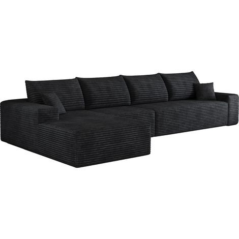 Canapé d'angle modulaire 340 cm avec méridienne en velours côtelé noir, sans montage (1/5)