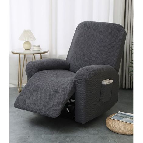 Bezug für elektrischen Relaxsessel, hellgrauer Jacquard-Sofabezug für Relaxsessel, 4-teiliger elastischer Stretchbezug mit Taschen (1/4)