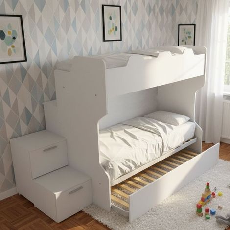 Letto a castello salvaspazio con scala a cassettoni e camminatoio - Bianco