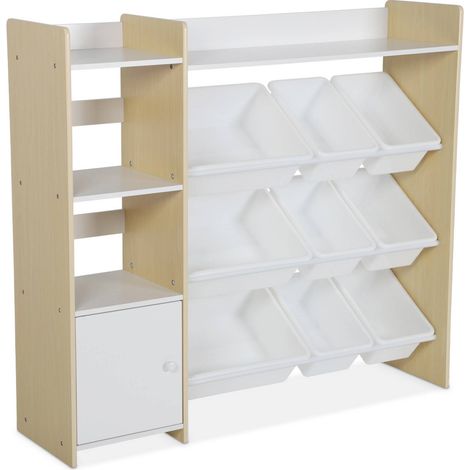 Meuble de rangement enfant. naturel. 9 bacs de rangement. 4 étagères. 1 porte