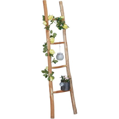 Relaxdays Echelle décorative en bois, 150 cm, jardin, 4 barres, châtaignier, artisanal, habits et serviettes, nature