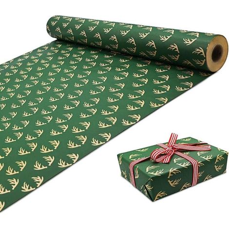 Rouleau de papier cadeau de Noël, 43 cm x 3 m, grand rouleau de papier cadeau kraft de Noël, papier kraft recyclé, bois d'élan (1/5)