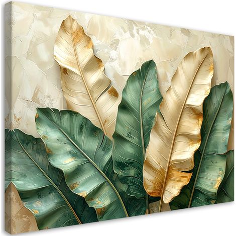 Quadro su tela, Foglie tropicali verdi e beige (3D) - 60x40 (1/2)
