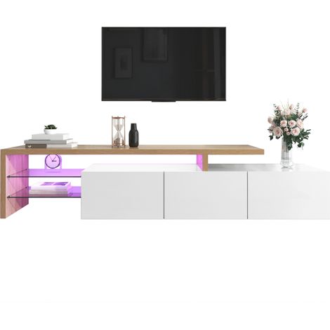 Meuble TV LED 197,5 cm blanc et bois clair avec 3 rangements, étagères en verre, 7 couleurs et commande via application, pour salon moderne CHICFURN (1/5)