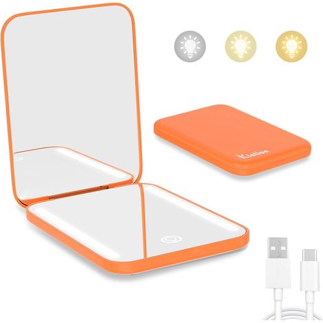 Miroir de Poche Rechargeable Double Face Grossissant x1/3x - Compact Avec 3 Lumières de Couleur à Intensité Variable - Portefeuille Portable Pour Voyage (1/5)