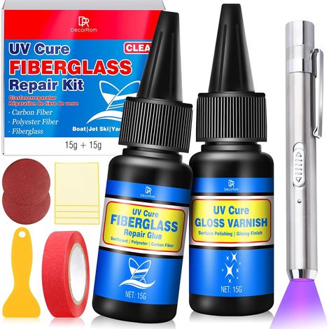 Kit de réparation pour Planches de Surf, kit de réparation Transparent pour Fibre de Verre avec Lampe UV, séchage Rapide, pour Fissures et Les Trous dans Les Bateaux, Jet-Skis, Yachts et voiliers (1/5)