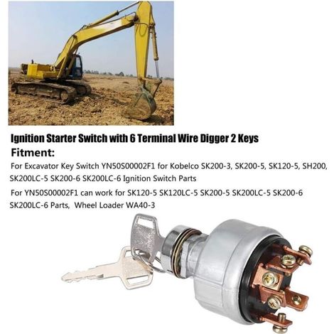 Commutateur d'allumage Commutateur de démarrage avec Pelle for conducteur de Fil à 6 bornes, 2 clés compatibles avec Kobelco SK200-3 SK200-5 SK120-5 (1/3)