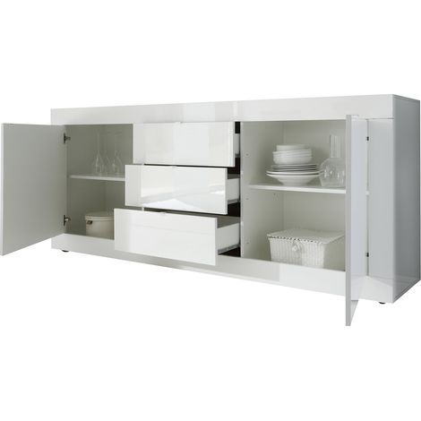 Credenza Pasubio, Madia 2 Ripiani, 3 Cassetti Made in Italy, 2 Ante, 210x42x85.8h cm Bianco Lucido