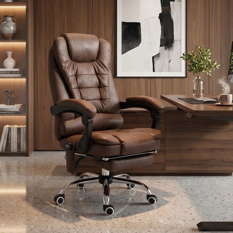 Fauteuil de bureau avec télécommande et 6 points de massage, en tissu effet lin, 67x79x111-121 cm, Marron (1/5)