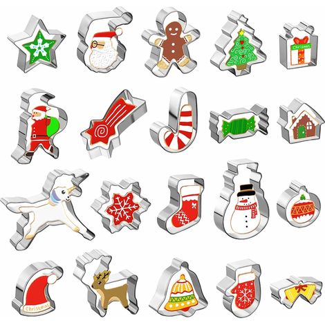 Set of 20 Stainless Steel Christmas Cookie Cutters Biscuits Baking Mould in the Shape of Santa Claus, Unicorn, Snowflake, Christmas Tree (1/5)