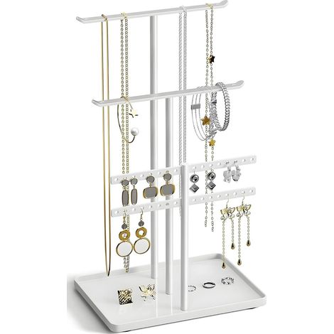 Cet organiseur à bijoux à trois niveaux peut accueillir la plupart des bijoux, tels que colliers, boucles d'oreilles, bracelets et bagues. Blanc, 32 x 20 x 12 cm (dimensions une fois assemblé). (1/5)