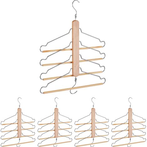 5 grucce multiple, salvaspazio, con barra per pantaloni, legno di loto, metallo, gruccia multiuso, naturale/argento (1/5)