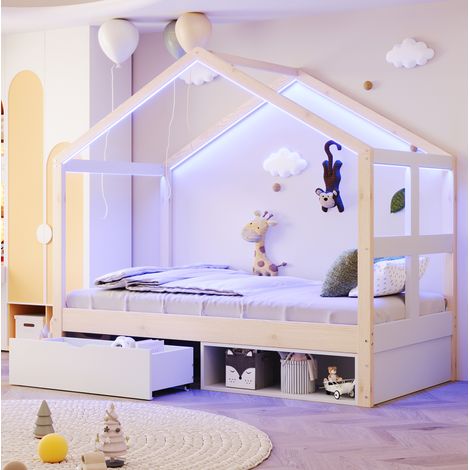 Cama cabaña infantil 90x190 cm LED multicolor, almacenaje, blanco y madera, FloraGrace (1/5)