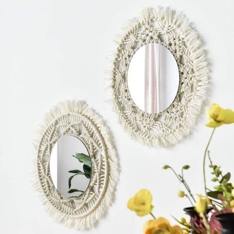 Lot de 2 miroirs muraux macramés Faits à la Main à Suspendre avec Franges Rondes pour Appartement, Salon, Chambre à Coucher, Chambre à Coucher, décoration de la Maison Moderne (1/5)