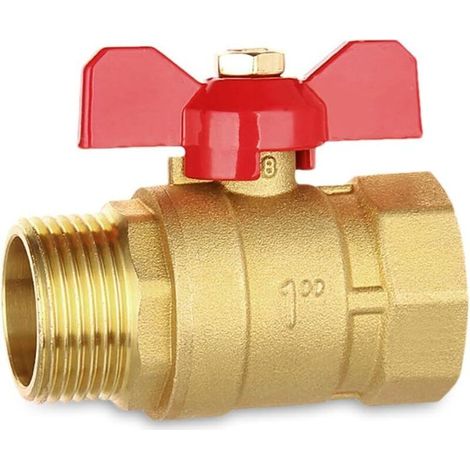 Vanne à bille en laiton de 1 pouce avec poignée papillon rouge, filetage extérieur/intérieur, passage intégral DN25, idéale pour l'eau chaude/froide. (1/4)