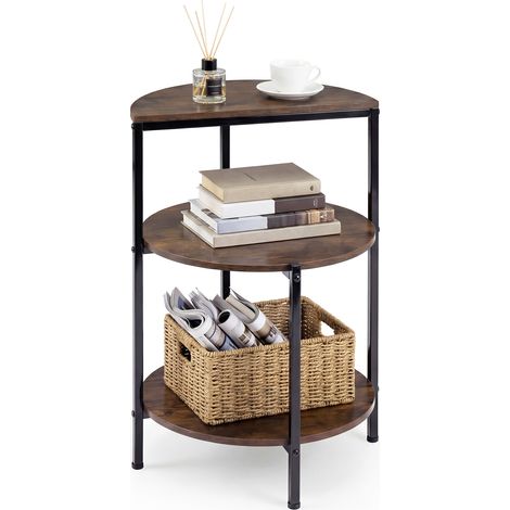 Table Appoint Style Industrielle à 3 Niveaux, Bouts de Canapé avec Cadre Métallique et Patins Ajustables, Table de Chevet Ronde avec Étagère (1/5)