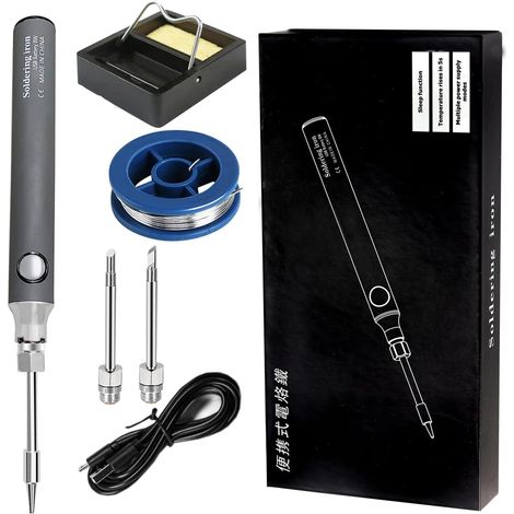 Kit de fer à souder, 8 W, outils de soudage avec température réglable de 330 à 450 ℃, fer à souder électrique sans fil, câble de charge USB, Support de soudure, 3 Embouts pour Soudure (1/5)