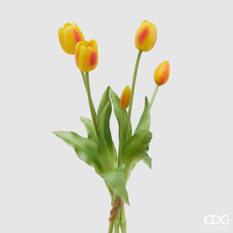 EDG Bouquet 5 Tulipani Olis Chiusi Gomma Giallo Arancio H 40 Cm