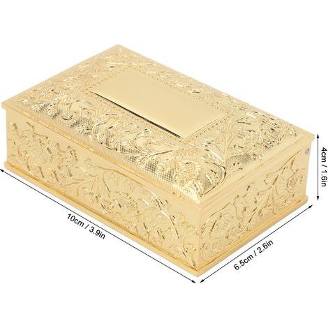 Boîte à bijoux vintage en alliage de zinc doré, gravée élégante avec doublure en velours doux pour rangement sur table de coiffeuse ou étagère, couleur or résistante. (1/5)