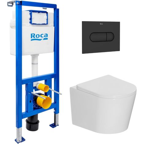 Pack WC con bastidor Roca + WC suspendido sin brida Ceramia con tapa SoftClose + placa (ROCE14WT03-IN)