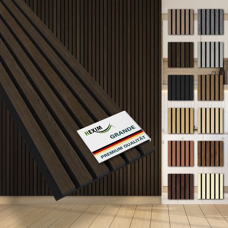 HEXIM Akustikpaneele 280x30cm Wandpaneele Grande Lamellen MDF Holz 0,85m² XXL Echtholzfurnier Wand 21mm Filz (1 Musterstück, Dark Smoked Oak)
