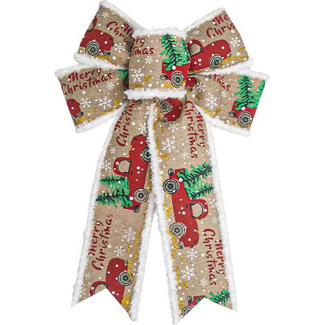 Grand nœud décoratif de Noël en tissu jute, motif camion rouge vintage pour sapin et porte (1/2)
