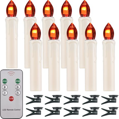 Paquet de 10 bougies sans flamme avec télécommande et clip, luminosité réglable, LED vacillantes, alimentées par piles, fausses bougies chauffe-plat électriques sans fil pour décoration de sapin de No (1/5)