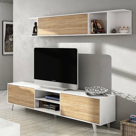 Hogar24 – Ensemble de meubles TV blanc brillant et chêne canadien – Meuble TV 180 cm – Module haut 180 cm – Système d'ouverture par pression (1/5)