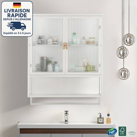 Mueble de baño de 2 puertas, 57×23×78 cm, con puerta de cristal, estilo escandinavo, estante ajustable, resistente a la humedad, estante abierto y toallero, color blanco. (1/4)