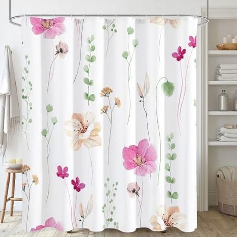Rideau de douche à motif floral aquarelle, motif floral rose et beige, ensemble de rideau de douche moderne et minimaliste en tissu imperméable, 72 x 72 pouces.