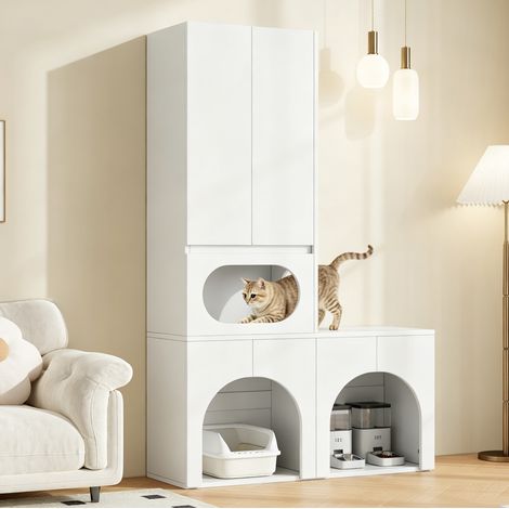 Armoire litière pour chat en MDF blanc, 2 bacs, niche de repos, 140 x 45 x 195 cm (1/5)