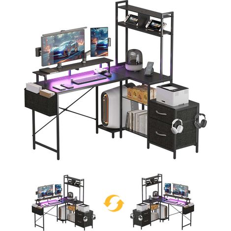 Bureau Gamer en L-135x80cm avec LED, Support Écran, 1 USB + 1 USB-C & 2 Prises (1/5)