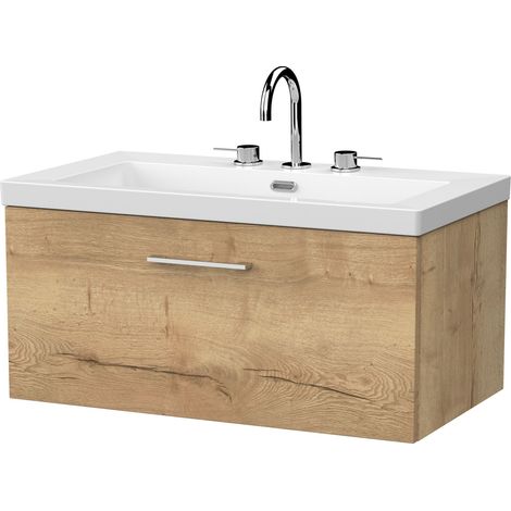 Pershall Contemporary Wall Hung 1 Drawer Vanity Unit with 3 Tap Hole Fireclay Basin, 800mm, Autumn Oak