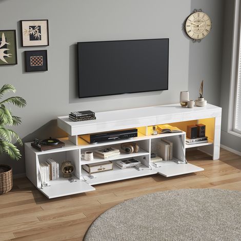 Mueble TV con 3 Puertas Abatibles, Estantes Abiertos y LED, Frente Brillante, para Salón, 192×37×53 cm, Blanco (1/5)