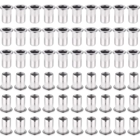 Ecrou A Rivet - M6 - Acier Inoxydable 304 - Tête Plate - Pour Pince À Insert Fileté - 60 Pièces